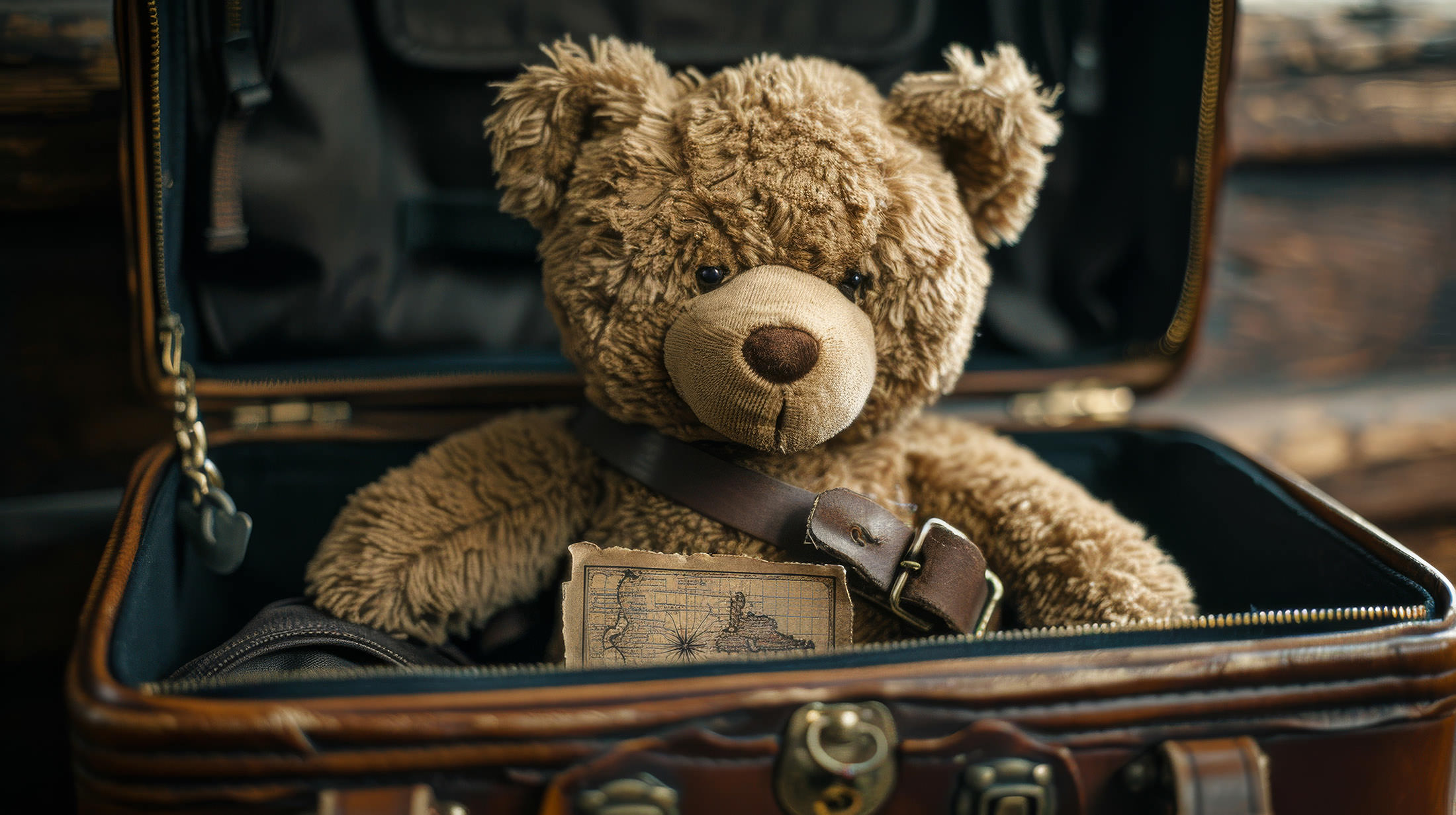 Ein brauner Teddybär sitzt in einem offenen Koffer. Der Koffer ist braun und hat einen Lederriemen.