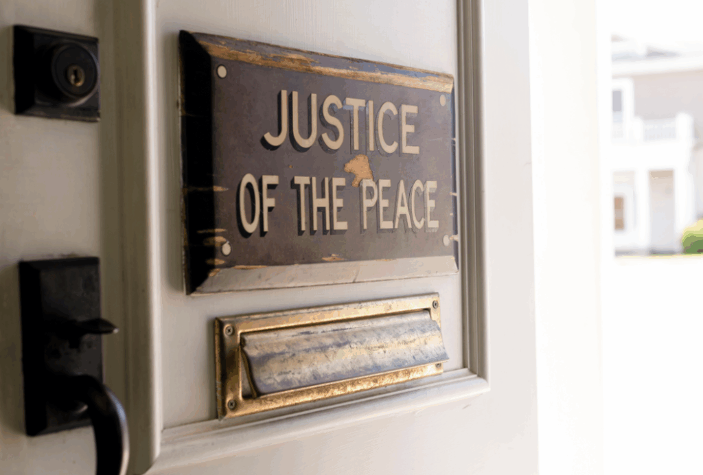 Auf einem alten Türschild aus Holz, über einem goldenen Briefkastenschlitz, steht "Justice of the peace". Die Tür ist geöffnet und man kann leicht nach draußen schauen