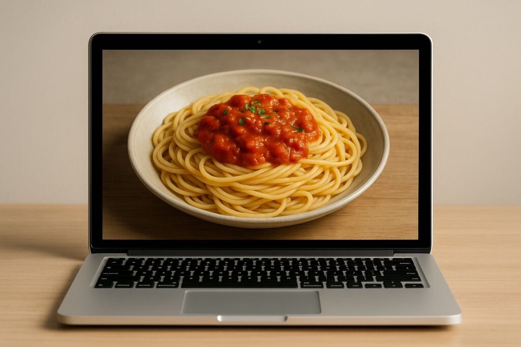 Ein Bild von einem Teller Spaghetti mit Tomatensauce, das auf einem Laptop angezeigt wird